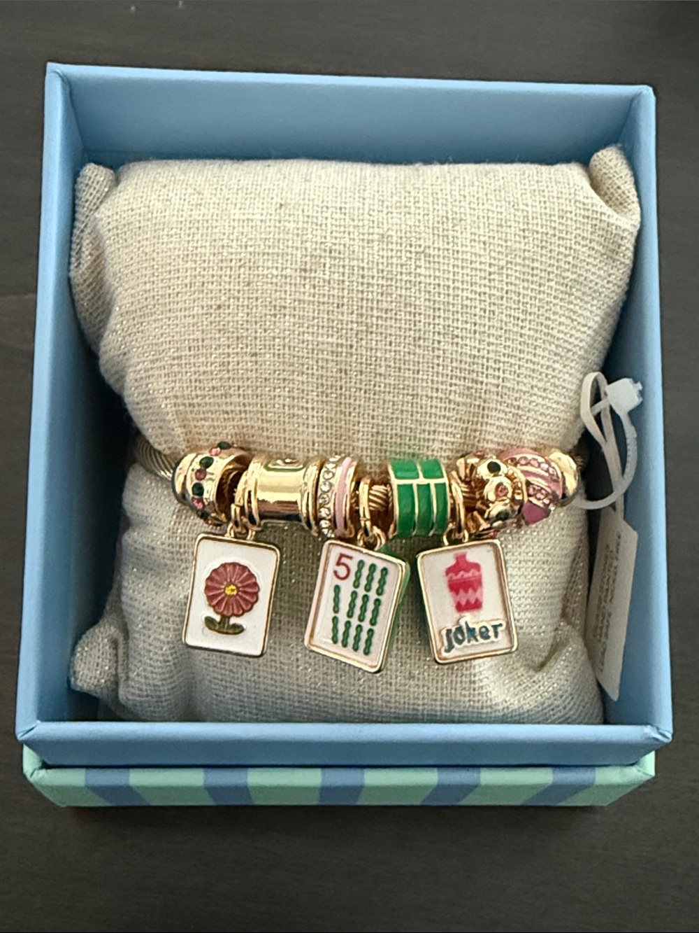 Gold-Tone Charm Bracelet with Green and Pink Mahjong Tile Charms and Beads
